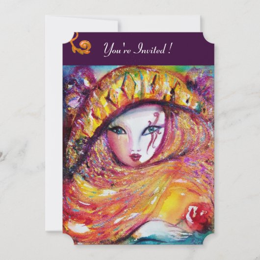 MASKER IN GEEL, MARDI GRAS FEest  paars rood viole Kaart (Voorkant)