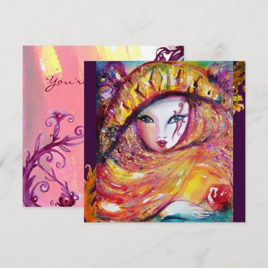 MASKER IN GEEL, MARDI GRAS FEEST paars rood violet Kaart (Voorkant / Achterkant)