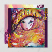 MASKER IN GEEL, MARDI GRAS FEestJE paars rood viol Kaart (Voorkant / Achterkant)