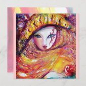 MASKER IN GEEL, MARDI GRAS FEestje paarse rode roo (Voorkant / Achterkant)