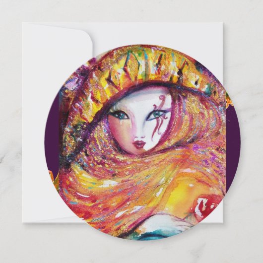 MASKER IN GEEL, MARDI GRAS FEESTJE rood,paars,paar Kaart (Voorkant)