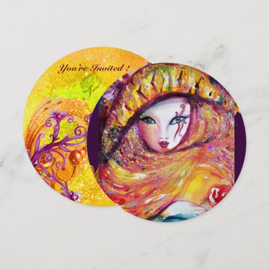 MASKER IN GEEL, MARDI GRAS FEESTJE rood, paars, vi Kaart (Voorkant / Achterkant)