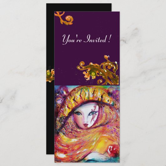 MASKER IN GEEL, MARDI GRAS FEestJE zwart paars roo Kaart (Voorkant / Achterkant)