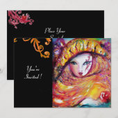 MASKER IN GEEL, MARDI GRAS FEESTJE zwart paars roo Kaart (Voorkant / Achterkant)