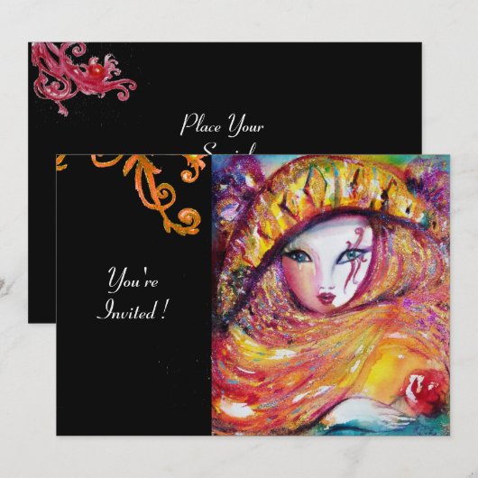 MASKER IN GEEL, MARDI GRAS FEestJE zwart paars roo Kaart (Voorkant / Achterkant)