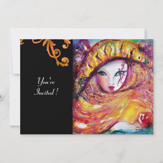 MASKER IN GEEL, MARDI GRAS FEestJE zwart paars roo Kaart (Voorkant)