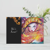 MASKER IN GEEL, MARDI GRAS FEestJE zwart paars roo Kaart (Staand voorkant)