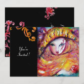 MASKER IN GEEL, MARDI GRAS FEestJE zwart paars roo Kaart (Voorkant / Achterkant)