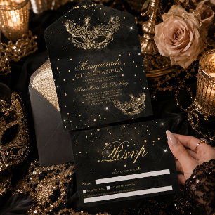 Masker masker goud glitter quinceanera sepia  all in one uitnodiging