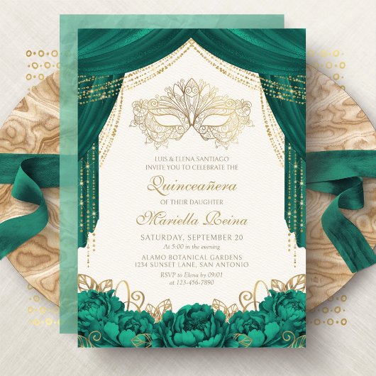 Masker Masquerade Emerald Green Quinceanera Kaart