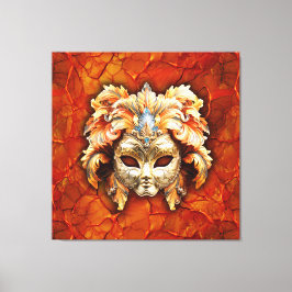 masker met Oranje veren op rode achtergrond Canvas Afdruk