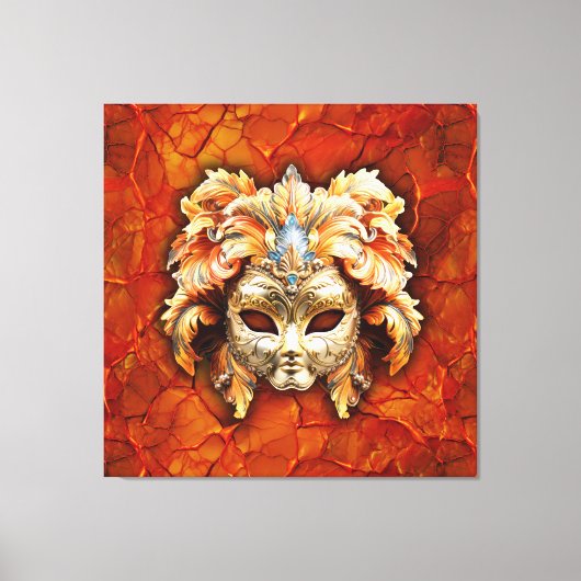  masker met Oranje veren op rode achtergrond Canvas Afdruk (Voorkant)