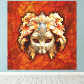  masker met Oranje veren op rode achtergrond Canvas Afdruk (Insitu (Houten vloer))