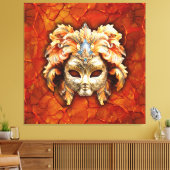  masker met Oranje veren op rode achtergrond Canvas Afdruk (Insitu (Woonkamer))