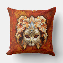 masker met Oranje veren op rode achtergrond Kussen