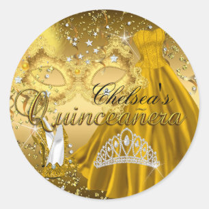 Masker & Tiara Gouden Masquerade Quinceanera Stick Ronde Sticker