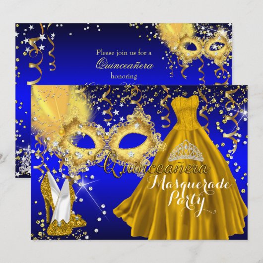 Masker Tiara Masquerade Quinceanera Gold Blue Kaart (Voorkant / Achterkant)