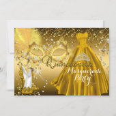 Masker & Tiara Masquerade Quinceanera Gold Invite Kaart (Voorkant)