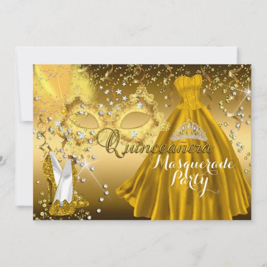 Masker & Tiara Masquerade Quinceanera Gold Invite Kaart (Voorkant)