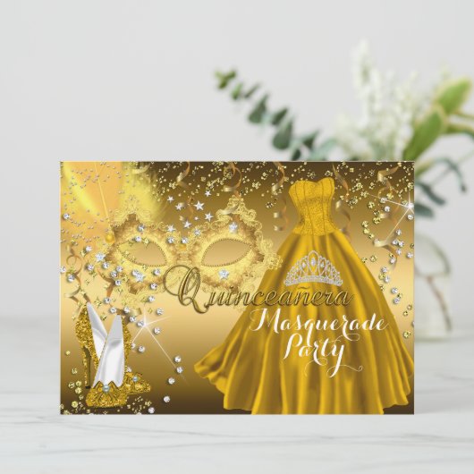 Masker & Tiara Masquerade Quinceanera Gold Invite Kaart (Staand voorkant)