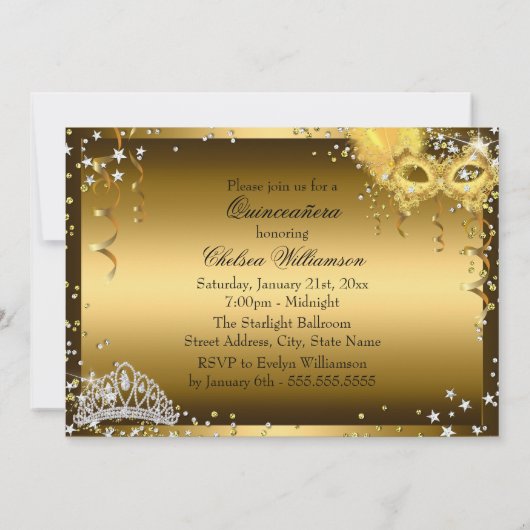 Masker & Tiara Masquerade Quinceanera Gold Invite Kaart (Achterkant)