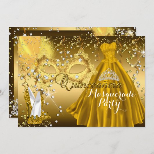 Masker & Tiara Masquerade Quinceanera Gold Invite Kaart (Voorkant / Achterkant)