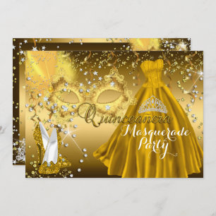 Masker & Tiara Masquerade Quinceanera Gold Invite Kaart