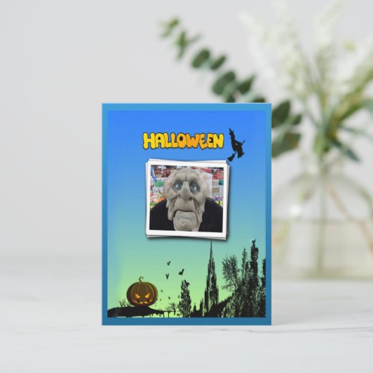 Masker van oud Man, vliegende heks en Jack o Lante Briefkaart (Staand voorkant)
