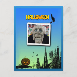 Masker van oud Man, vliegende heks en Jack o Lante Briefkaart