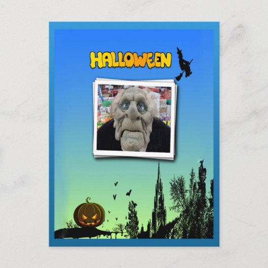 Masker van oud Man, vliegende heks en Jack o Lante Briefkaart (Voorkant)