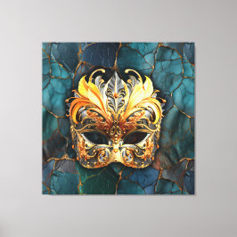 Masker, veren en Blauwgroen getextureerde achtergr Canvas Afdruk