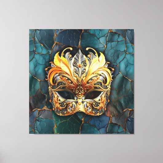 Masker, veren en Blauwgroen getextureerde achtergr Canvas Afdruk (Voorkant)