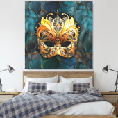 Masker, veren en Blauwgroen getextureerde achtergr Canvas Afdruk (Insitu (Slaapkamer))