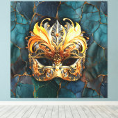 Masker, veren en Blauwgroen getextureerde achtergr Canvas Afdruk (Insitu (Houten vloer))