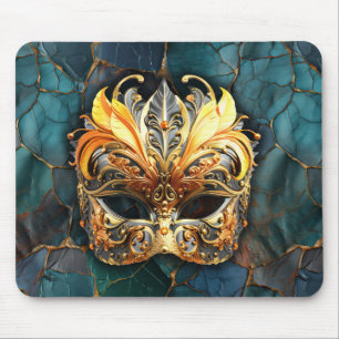 Masker, veren en Blauwgroen getextureerde achtergr Muismat