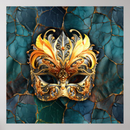 Masker, veren en Blauwgroen getextureerde achtergr Poster