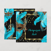 Maskerade Bal Teal Blauwe Gemaskerde Feest Kaart (Voorkant / Achterkant)