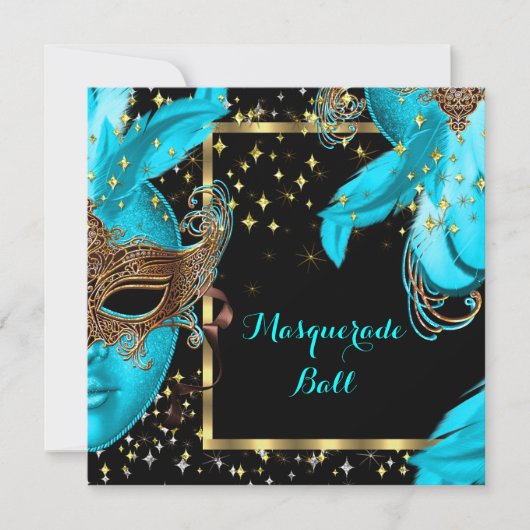Maskerade Bal Teal Blauwe Gemaskerde Feest Kaart (Voorkant)