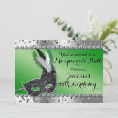 Maskerade Ball Mask Green Silver Party Uitnodiging (Staand voorkant)