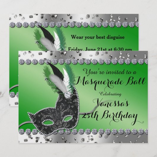 Maskerade Ball Mask Green Silver Party Uitnodiging (Voorkant / Achterkant)
