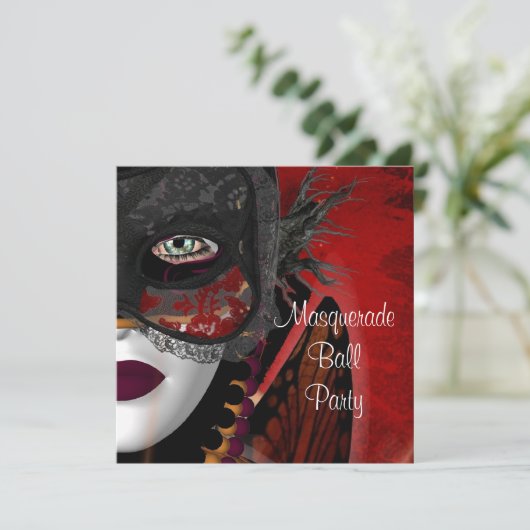 Maskerade Ball Party Mask Zwart Rood Meisje Kaart (Staand voorkant)