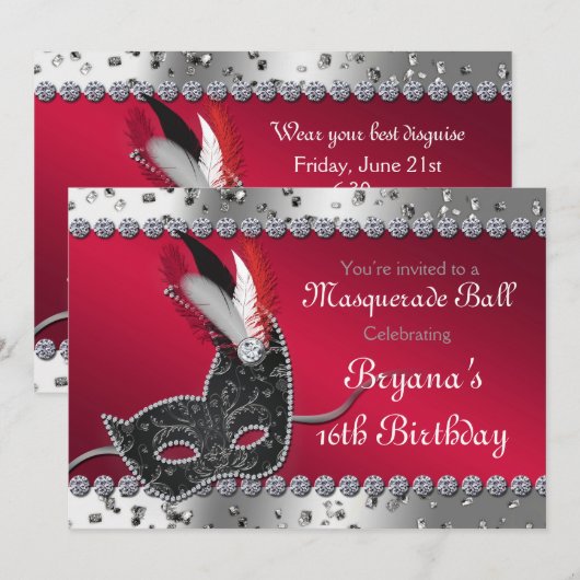 Maskerade Ball Party Zilveren en Rode Uitnodiging (Voorkant / Achterkant)