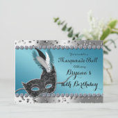 Maskerade Ball Silver en Blue Party Uitnodiging (Staand voorkant)