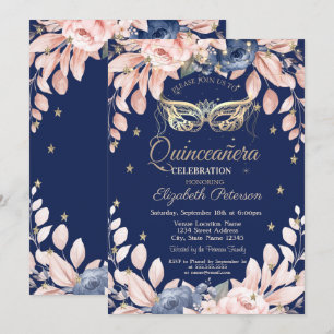 Maskerade, Blauwe Bloemen, Gouden Sterren Quinceañ Kaart