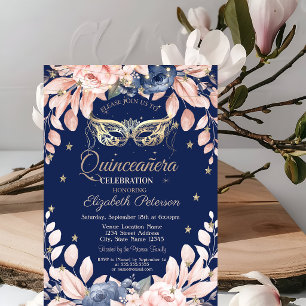 Maskerade, Blauwe Bloemen, Gouden Sterren Quinceañ Kaart