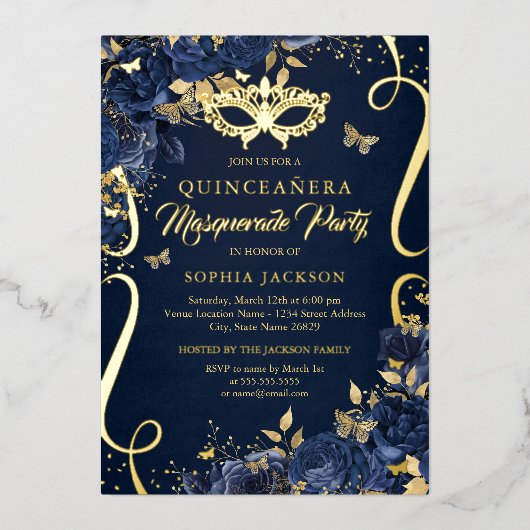 Maskerade Butterfly Royal Navy Quinceanera Folie Uitnodiging (Voorkant)