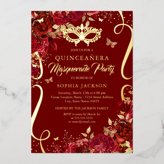 Maskerade Butterfly Royal Red Quinceanera Folie Uitnodiging (Voorkant)