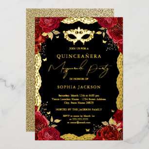 Maskerade Feest Gouden Rode Roos Kant Quinceanera Folie Uitnodiging