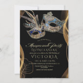 Maskerade Feest Quinceañera Zwart & Goud Verjaarda Kaart (Voorkant)
