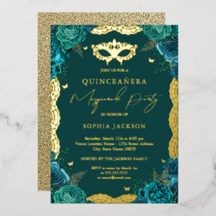 Maskerade Feest Teal Bloemrijke Kant Quinceanera Folie Uitnodiging